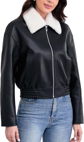 Leather Jacket Women,Cropped Lambskin Bomber Jacket,Removable Sherpa Collar, Zip Front, Elasticized Hem in Kuwait