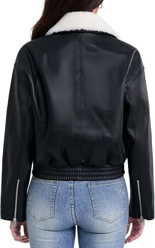Leather Jacket Women,Cropped Lambskin Bomber Jacket,Removable Sherpa Collar, Zip Front, Elasticized Hem in Kuwait