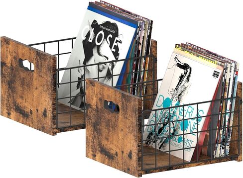 YBING Record Album Storage Crate, 2 Pack Vinyl Record Storage Boxes, Wooden LP Record Crates, Desktop Record Album Cube Holder, Brown in Saudi Arabia