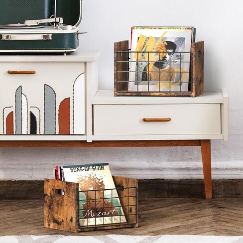 YBING Record Album Storage Crate, 2 Pack Vinyl Record Storage Boxes, Wooden LP Record Crates, Desktop Record Album Cube Holder, Brown in Saudi Arabia