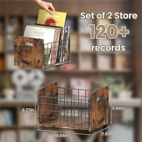 YBING Record Album Storage Crate, 2 Pack Vinyl Record Storage Boxes, Wooden LP Record Crates, Desktop Record Album Cube Holder, Brown in Saudi Arabia