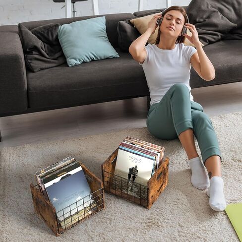 YBING Record Album Storage Crate, 2 Pack Vinyl Record Storage Boxes, Wooden LP Record Crates, Desktop Record Album Cube Holder, Brown in Saudi Arabia