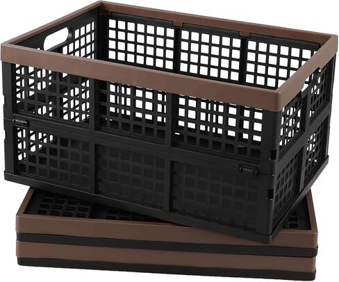 Set of 3 Plastic Collapsible Storage Crate, 15 L Stackable Folding Storage Crates with Handles, Foldable Shelf Storage Baskets in Kuwait