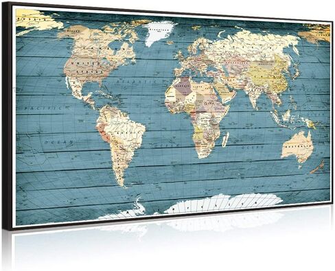 Welmeco XLarge Blue Rustic Wood Background Detailed World Map Canvas Prints with Black Frame Vintage Travel Map of The World Picture for Modern Home Office Living Room Decoration, 32x55inch Large Size in Saudi Arabia