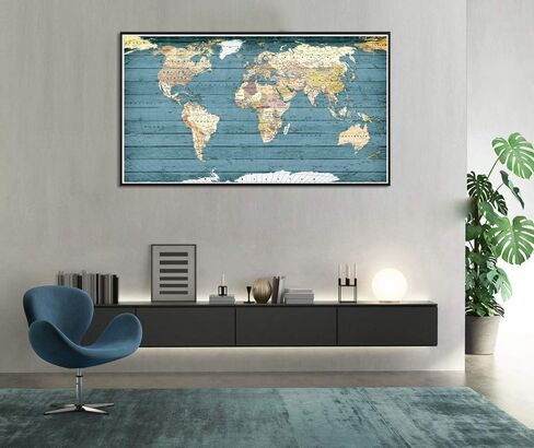 Welmeco XLarge Blue Rustic Wood Background Detailed World Map Canvas Prints with Black Frame Vintage Travel Map of The World Picture for Modern Home Office Living Room Decoration, 32x55inch Large Size in Saudi Arabia