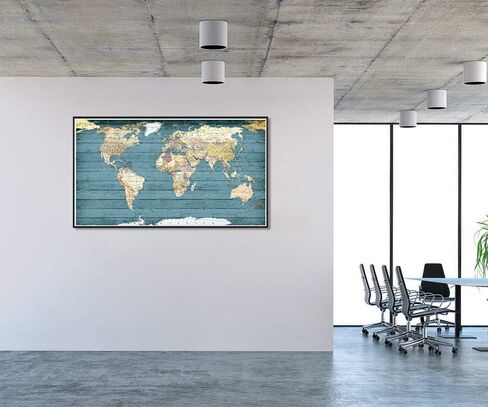 Welmeco XLarge Blue Rustic Wood Background Detailed World Map Canvas Prints with Black Frame Vintage Travel Map of The World Picture for Modern Home Office Living Room Decoration, 32x55inch Large Size in Saudi Arabia
