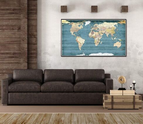 Welmeco XLarge Blue Rustic Wood Background Detailed World Map Canvas Prints with Black Frame Vintage Travel Map of The World Picture for Modern Home Office Living Room Decoration, 32x55inch Large Size in Saudi Arabia