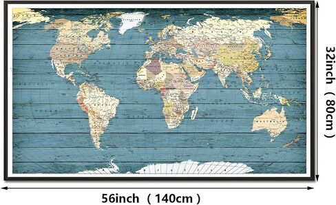 Welmeco XLarge Blue Rustic Wood Background Detailed World Map Canvas Prints with Black Frame Vintage Travel Map of The World Picture for Modern Home Office Living Room Decoration, 32x55inch Large Size in Saudi Arabia