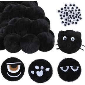 30 Pieces 2.6 Inch Acrylic Pom Poms Large Black Poms Soft Plush Ball with 100 Pieces Wiggle Googly Eyes 20 Pieces Colorful Tinsel Ribbon 3 Pieces Adhesive Felt for DIY Craft Christmas Halloween Party