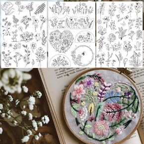 3 Sheets Stick and Stitch Embroidery Papers Designs Water Soluble Stabilizer for Embroidery Patterns with Pre-Printed Flowers and Leaves Pattern Transfers for Hand Sewing Lover Beginners