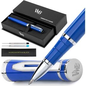 Wordsworth and Black Rollerball Pen - Luxury Pen - Chrome Finish, Silver Lacquer, Ink Refill, Refillable Gift for Men & Women, Professional Writing, Nice and Fancy Pens and for Work