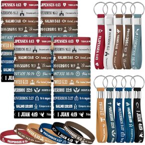 Skylety 120 Pcs Spanish Bible Verse Bracelets Keychain Set Spanish Christian Keychains Bible Silicone Bracelets Spanish Christian Quote Gifts for Women Men