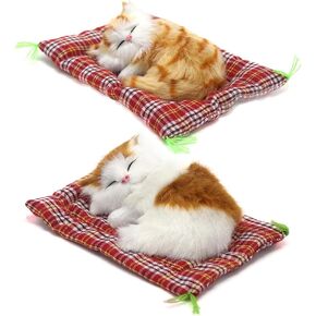 2Pcs Sleeping Cat on Pad Doll Toy, Cute Mini Kitten on Pad with Meows Sounds Decor Hand Toy Gift for Kids Boys Girls