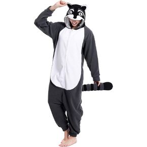 dressfan Unisex Adults Grey Raccoon Costume Halloween Costume Onesie Pajamas Hooded for Women Men