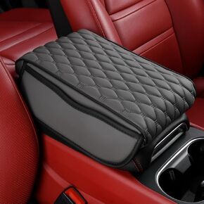 Car Armrest Cushion Pad Auto Center Console Cover with Storage Bag Memory Foam Arm Rest Console Pad Leather Universal Fit for Most Vehicles (Thick Pad, Black)