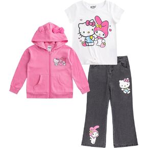 Hello Kitty Sanrio Girls Demin Flared Pants, Hooded Sweatshirt, and Short Sleeve T-Shirt, 3 Piece Set for Big Kids