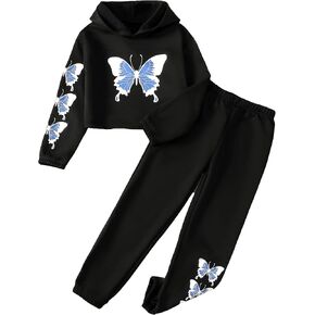 Girls' Clothing Set Butterfly Print Crop Top Hoodies Sweatpants 2 Piece Outfits Kids Sweatsuit Tracksuit Jogger Set