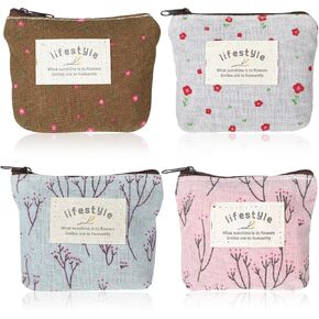 Molain Canvas Coin Purse, 4PCS Cute Floral Canvas Change Coin Purse, Small Canvas Zipper Change Purses Mini Cosmetic Bag for Women Organizer Storage Pouch Carrying Purse
