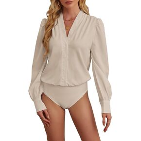 Sexyasasii Blouse Bodysuit for Women V Neck Silk Button Up Bodysuit Office Casual Long Sleeve Body Suits Chiffon Blouses in Kuwait