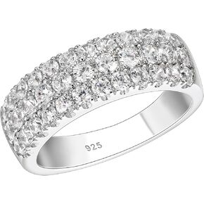 SHELOVES Three Row Eternity Ring for Women Round Cut CZ Sterling Silver Wedding Bands Rings for Her Size 5-10