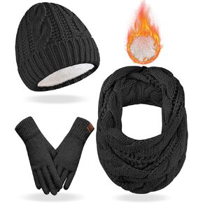 Winter Beanie Hat Scarf Gloves Set for Women, Fleece Lined Hats Touchscreen Gloves Long Scarf 3 In 1 Set for Cold Weather