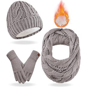 Winter Beanie Hat Scarf Gloves Set for Women, Fleece Lined Hats Touchscreen Gloves Long Scarf 3 In 1 Set for Cold Weather