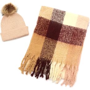 Lucky Brand womens Woven Check Scarf and Pom Hat Set- Boxed