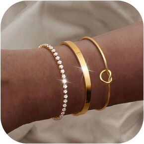 Dainty Gold Bracelets for Women - Trendy 14K Gold Bracelet Stack Set Non Tarnish Gold Beaded Bracelets 5PCS Stackable Waterproof Jewelry for Women Gold Adjustable Cuff/Tennis/Beaded/Paperclip/Cuban Link Chain Bracelet With 2" Extension in Kuwait