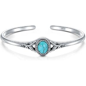 Genuine Turquoise Bracelet Cuff for Women Native American 925 Sterling Silver Leaf Oval Gemstone Bangle Adjustable Jewelry 6.5 7 7.5 Inch