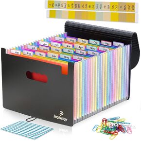 Accordion File Organizer, 26 Pockets Expanding Accordion Folder, A4 Letter Size Filing Organizer with Colorful Tabs, Elastic Cord, 60 Paper Clips, Labels & Stickers for Office, School, and Home