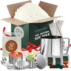 Hearth & Harbor Natural Soy Wax and DIY Candle Making Supplies - 5 Lbs Soy Candle Wax Flakes, 24 Candle Wax Dye Blocks, 100 Cotton Wicks, and 2 Metal Centering Device