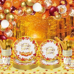290 PCS Thanksgiving Party Decorations - Includes Disposable Plates Napkins Cups Cutlery Tablecloth Backdrop Balloon Garland Kit with Maple Leaf for Fall Thanksgiving Birthday Decorations, Serves 25