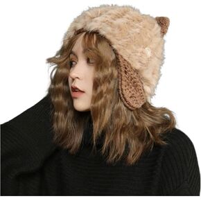 SIQITECHNO Womens Cute Cat Ear Plush Trapper Trooper Hat Faux Fur Russian Ushanka Hat with Earflap Winter Warm Bucket Cap