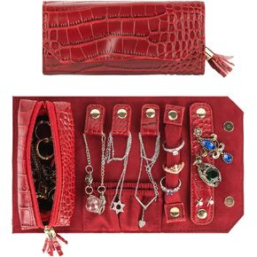 صندوق مجوهرات السفر، منظم حقيبة المجوهرات من الجلد الصناعي، حقيبة تخزين مجوهرات للسفر للخواتم والأقراط والقلائد هدية للفتيات والنساء هدية عيد الحب (أحمر) in Kuwait