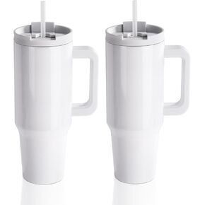 PYD Life 8 عبوات من أكواب التسامي سعة 40 أونصة مع فراغات بمقبض وأكواب سفر للقهوة البيضاء السائبة مع غطاء وقش مقاوم للصدأ لطباعة فرن التسامي بالضغط الحراري على الأكواب in Kuwait