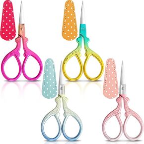 4 Pcs Sewing Embroidery Scissors with 4 Pcs Artificial Leather Cover 3.6 Inch Stainless Steel Stork Scissors Vintage Embroidery Scissors for Needlework, Manual Sewing Handicraft (Fresh Colors)