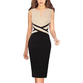 VFSHOW Womens Colorblock Patchwork Slim Front Zipper Up Work Business Office Party Bodycon Pencil Sheath Dress
