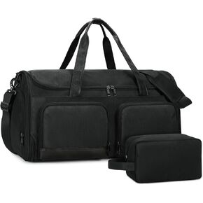 WANDF Convertible Garment Bag for Travel, Carry On Garment Duffle Bag with Wet Pocket & Toiletry Bag, 2 in 1 Hanging Suitcase, Suit Travel Bag, Weekender Bag for Men Women(Pure Black)