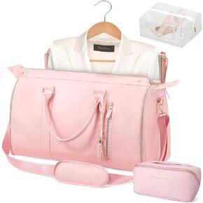 Convertible Garment Bags for Travel, PU Leather Garment Duffle Bags for Women with Shoe Pouch and Toiletry Bag, Carry on Garment Bag, 2 in 1 Hanging Suitcase Dress Suit Travel Bags, Pink