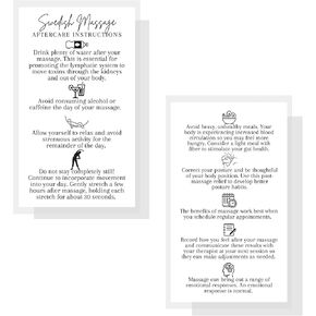 Swedish Massage Therapy Aftercare Instructions Cards | 50 Pack | Size 2x3.5" inch Business Card | Minimalist | White Card Design