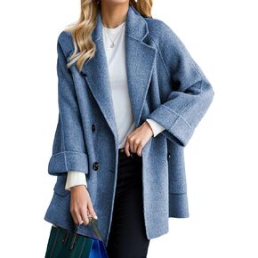 Bankeng Women's Winter Wool Blend Coat Notch Lapel Double Breasted Peacoat Loose Warm Coat Mid-Long Outerwear