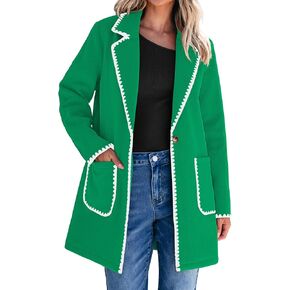 luvamia Pea Coats for Women Trendy Embroidered Contrast Trim Long Peacoat Jackets Lapel Button Winter Coat with Pockets