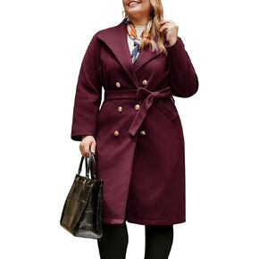 Hanna Nikole Women's Plus Size Winter Wool Coat Double Breasted Peacoats with Belt Notch Lapel Mid-Long Trench Coats 2024
