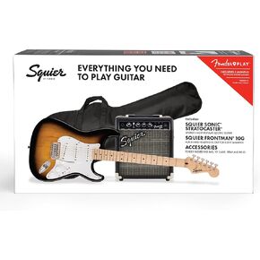 طقم جيتار كهربائي Squier من Fender، مع ضمان لمدة عامين، Sonic Stratocaster، لوحة أصابع خشب القيقب، أسود، جسم الحور، رقبة خشب القيقب، مع حقيبة جيتار مبطنة، Frontman 10G Amp، حزام جيتار، والمزيد