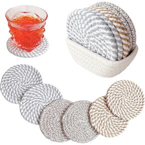 Valdivia Boho Drink Coasters with Storage Basket, Handmade Woven Cotton Absorbent Coaster Set, Minimalist Home Decor and Housewarming Gifts Ideas, Farmhouse Coasters Set of 6-3 Colors/4.6 Inch