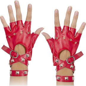 Skeleteen Fingerless Faux Leather Gloves - Red Biker Punk Gloves with Belt Up Closure and Rivet Design for Women and Kids