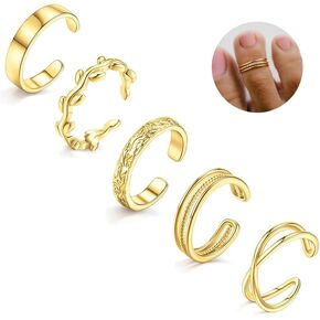5Pcs 14K Gold Plated Toe Rings for Women Adjustable Toe Rings Non Tarnish Open Band Toe Rings Set Summer Beach Jewelry