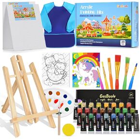 Acrylic Painting Kits for Kids,Non Toxic Kids Painting Set Arts Supplies and Paint Set for Kids with 4 Canvas Panels,24 Color Paints,Art Smocks,Table Easels,6 Brushes Etc,Painting Kit Gift