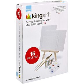 KINGART Artist Painting Set with 6 Vivid Acrylic Paint Colors, 12" Easel, 4 Canvas Panels, 3 Brushes, Painting Palette - School, Students, Beginners Starter Art Kit, 15 pc.