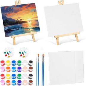 Acrylic Paint Set with 8 PCS 11.8In Easel & 16 PCS 8X10In Canvas, Painting Canvas Panel with Easel, Art Canvas Painting Kit with Brushes & Paint Trays for Kids Teenagers Acrylic Oil Water Color Gift